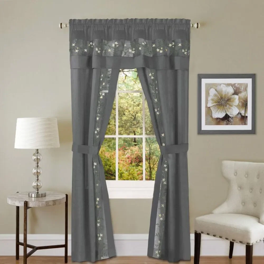5-Piece Light Filtering Floral Semi-Sheer Window Curtain Set - Includes Split